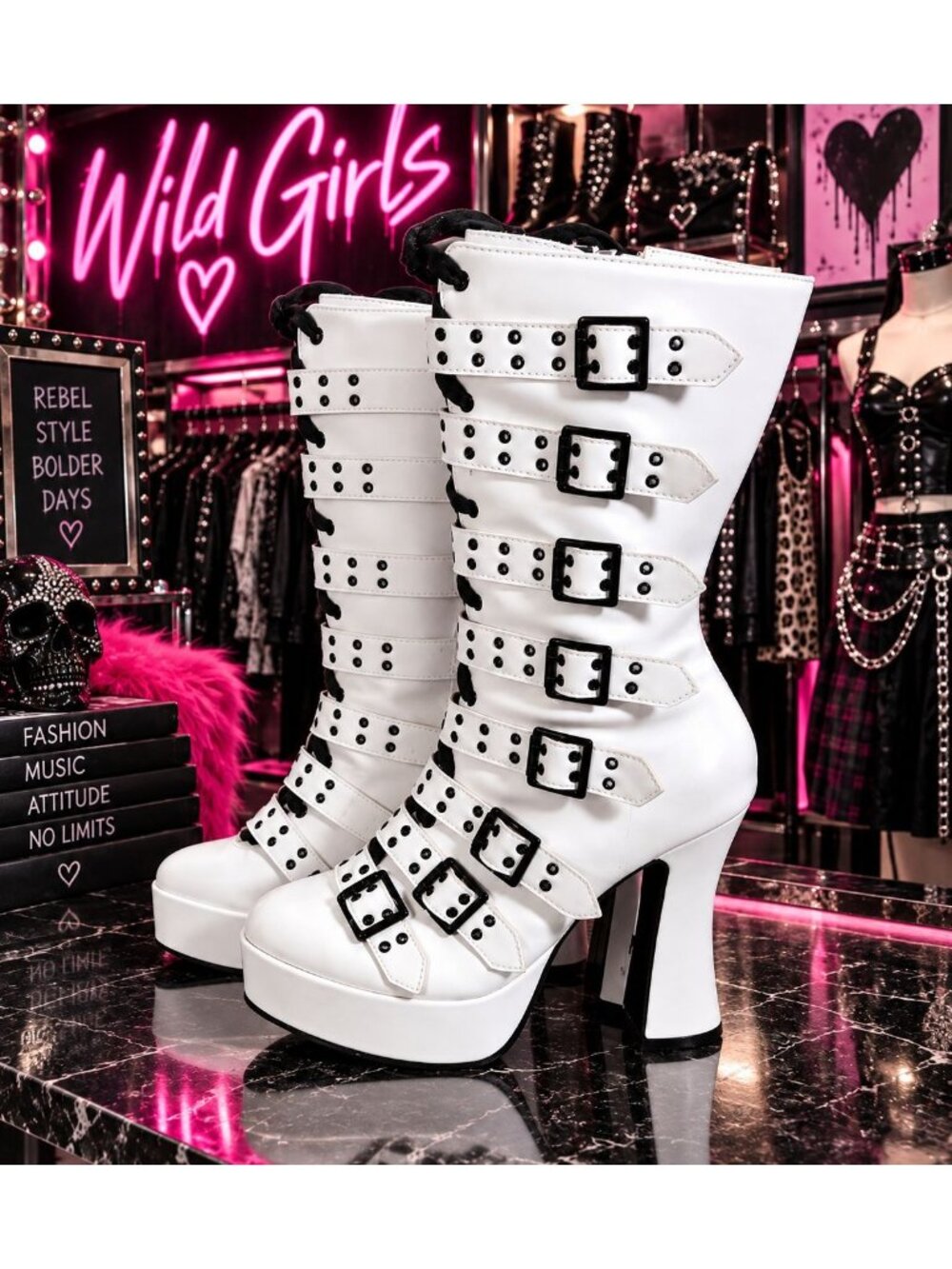 Ellie Melinoe Boots Women's Size 10 White Platform Knee High Studded Buckle Goth